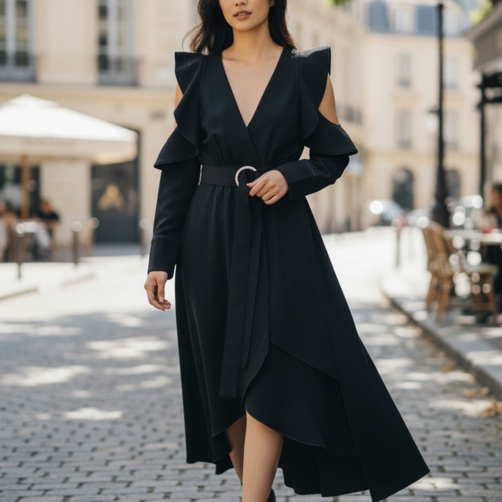 Self-Portrait Black Asymmetrical Dress with Ruffle Sleeves